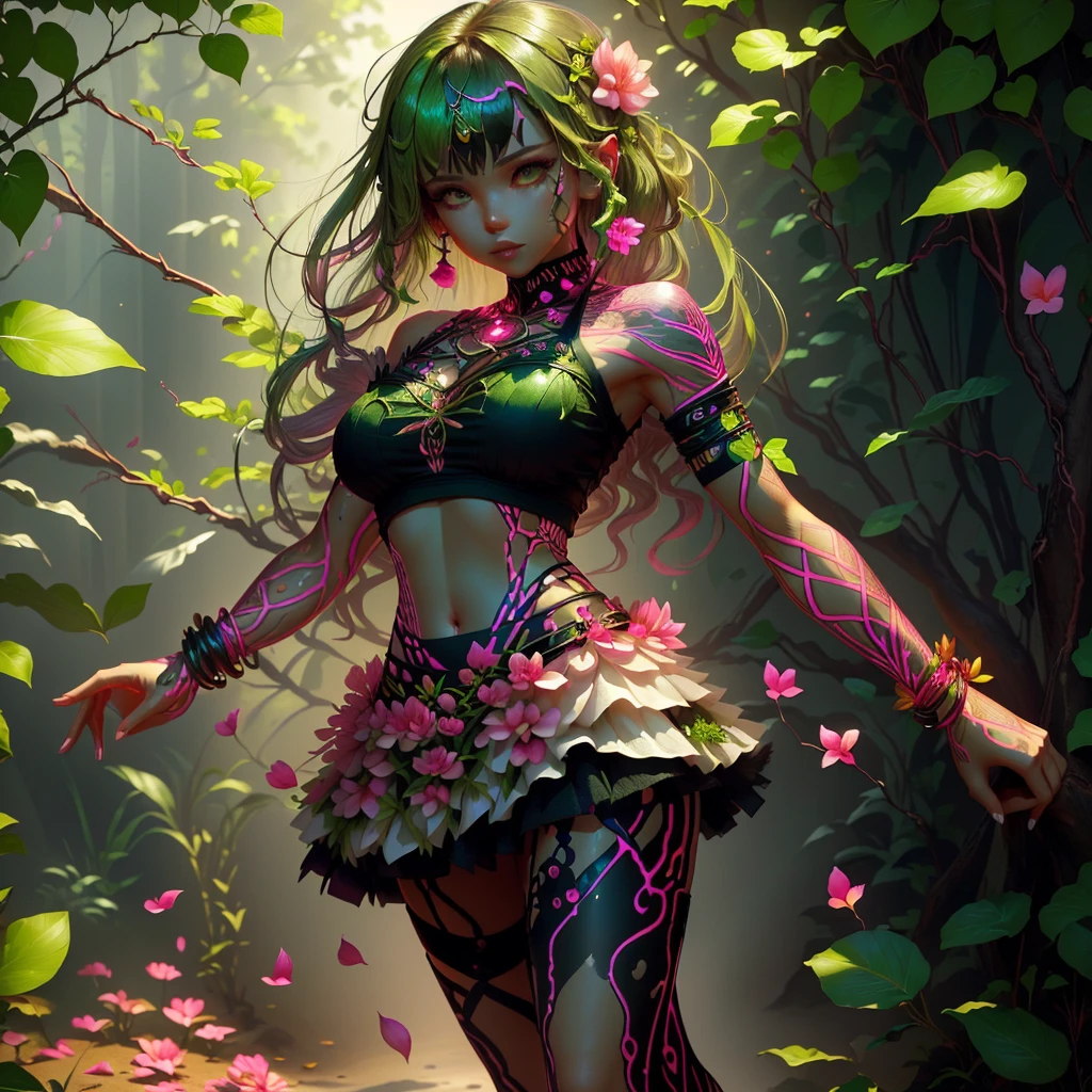 A woman with a pink petal crop top and short skirt, And pink petal bracelets on her wrists and ankles, She has green vines merged with her skin (Green Energy Veins), Alraune, Fantasy Plant species.