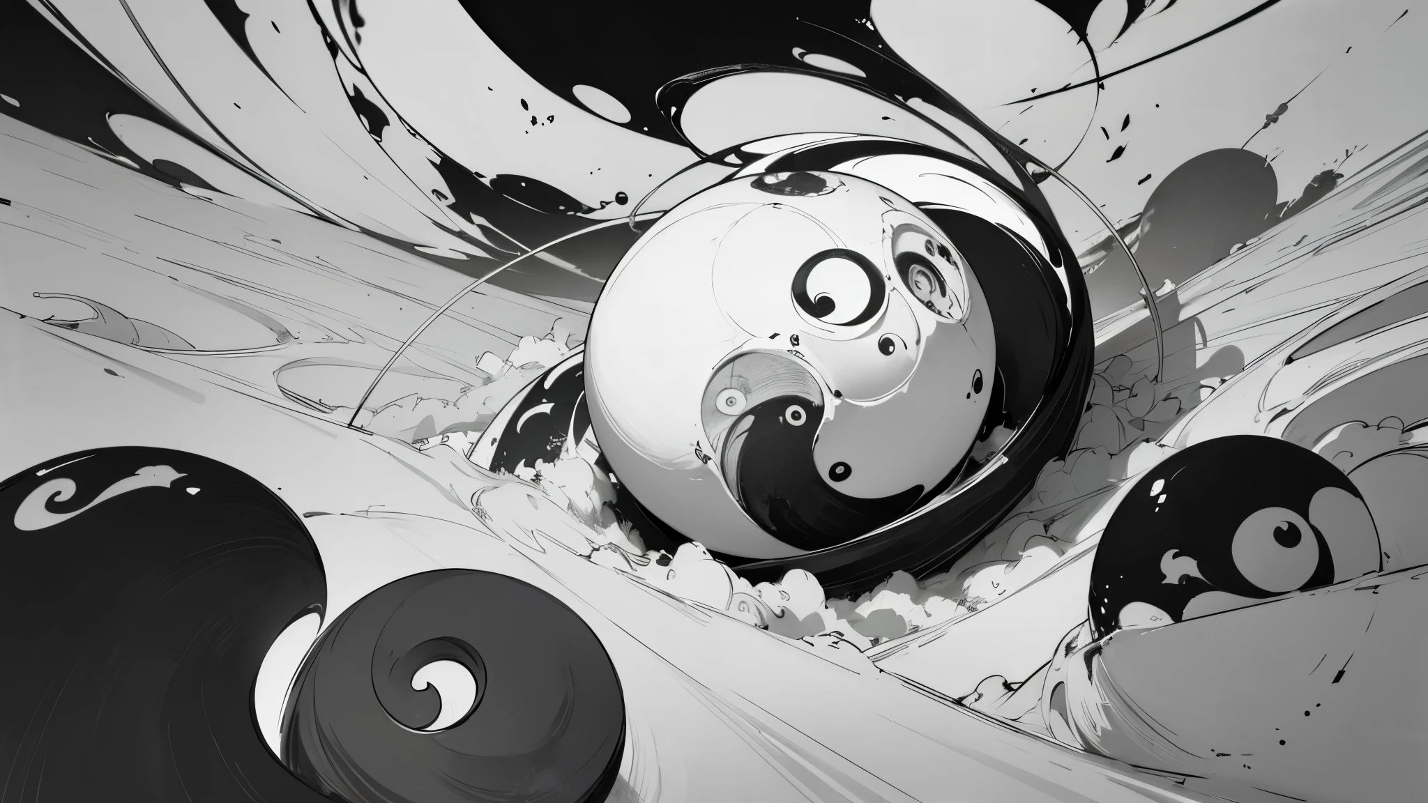 post apocalypse, empty landscape, yin and yang, peaceful, ink splatter, ink, black and white illustration, sketch, highly detailed, high quality, masterpiece, inky, line art, strong line art, flowing, beautiful, picturesque