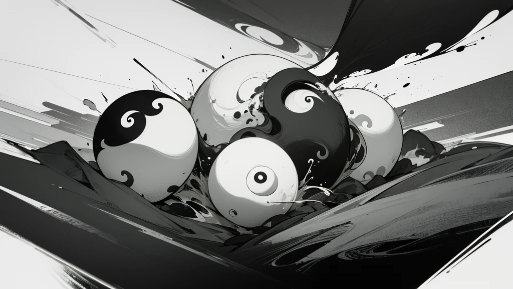 post apocalypse, empty landscape, yin and yang, peaceful, ink splatter, ink, black and white illustration, sketch, highly detailed, high quality, masterpiece, inky, line art, strong line art, flowing, beautiful, picturesque
