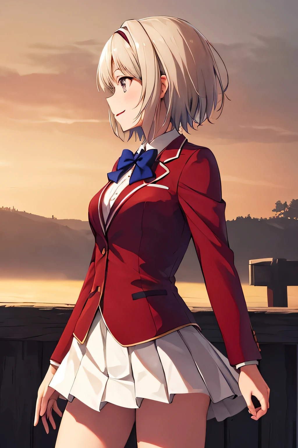 masterpiece, Highest quality, High resolution, Akiyo, short hair, Hair Intake, White hair band, Blue bow tie, Collared shirt, blazer, Red jacket, Long sleeve, White Skirt, Pleated skirt, Black socks, Cowboy Shot, Are standing, Outdoor, profile, Arms at your sides, smile, Open your mouth,Walking