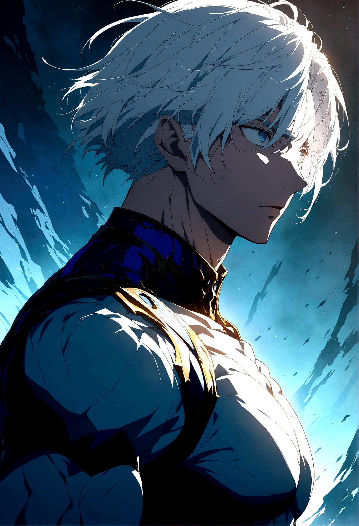 anime character with white hair and blue eyes standing in front of a red sky, best anime 4k konachan wallpaper, official art, key visual, fate grand order, shigenori soejima illustration, handsome guy in demon slayer art, white haired, key anime art, badass anime 8 k, white haired deity, detailed key anime art, detailed anime character art