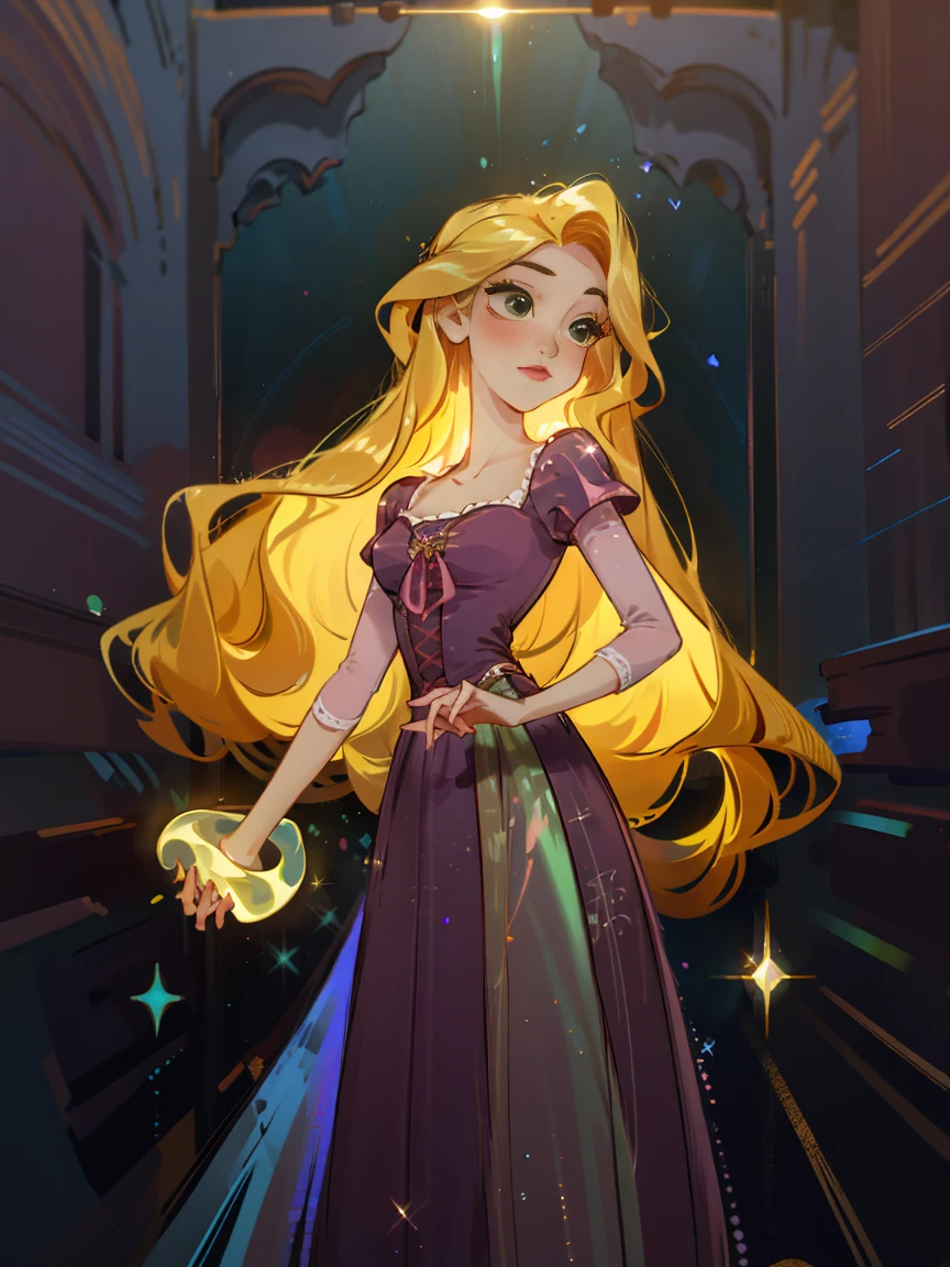 bioluminescent shiny glow, beautiful girl in flowing ballgown dress, galaxy style dress, galaxy glow, sparkling, ethereal, fluffy flowing hair, silky glistening iridescent ash hair, 