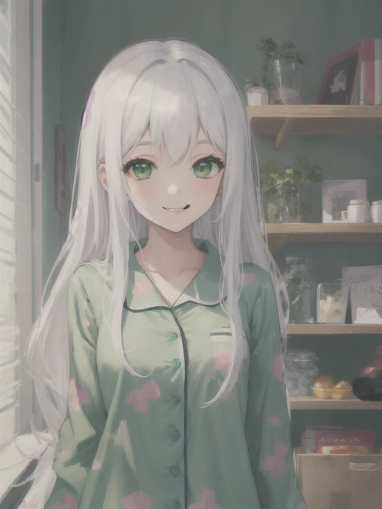 1girl, white long hair, green eyes, green pijamas, smile,