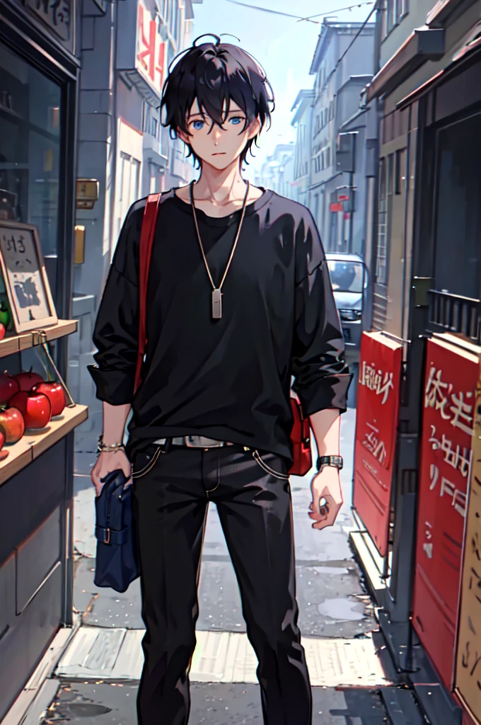 1boy, apple, bag, bangs, berry, black hair, black shirt, blue eyes, hair between eyes, jewelry, leaf, looking at viewer, male focus, necklace, pants, shirt, solo, watch, white pants, wristwatch, messy hair, trending on artstation, 8k resolution, highly detailed, anatomically correct, sharp image, digital painting, concept art, trending on pixiv, style of makoto shinkai,