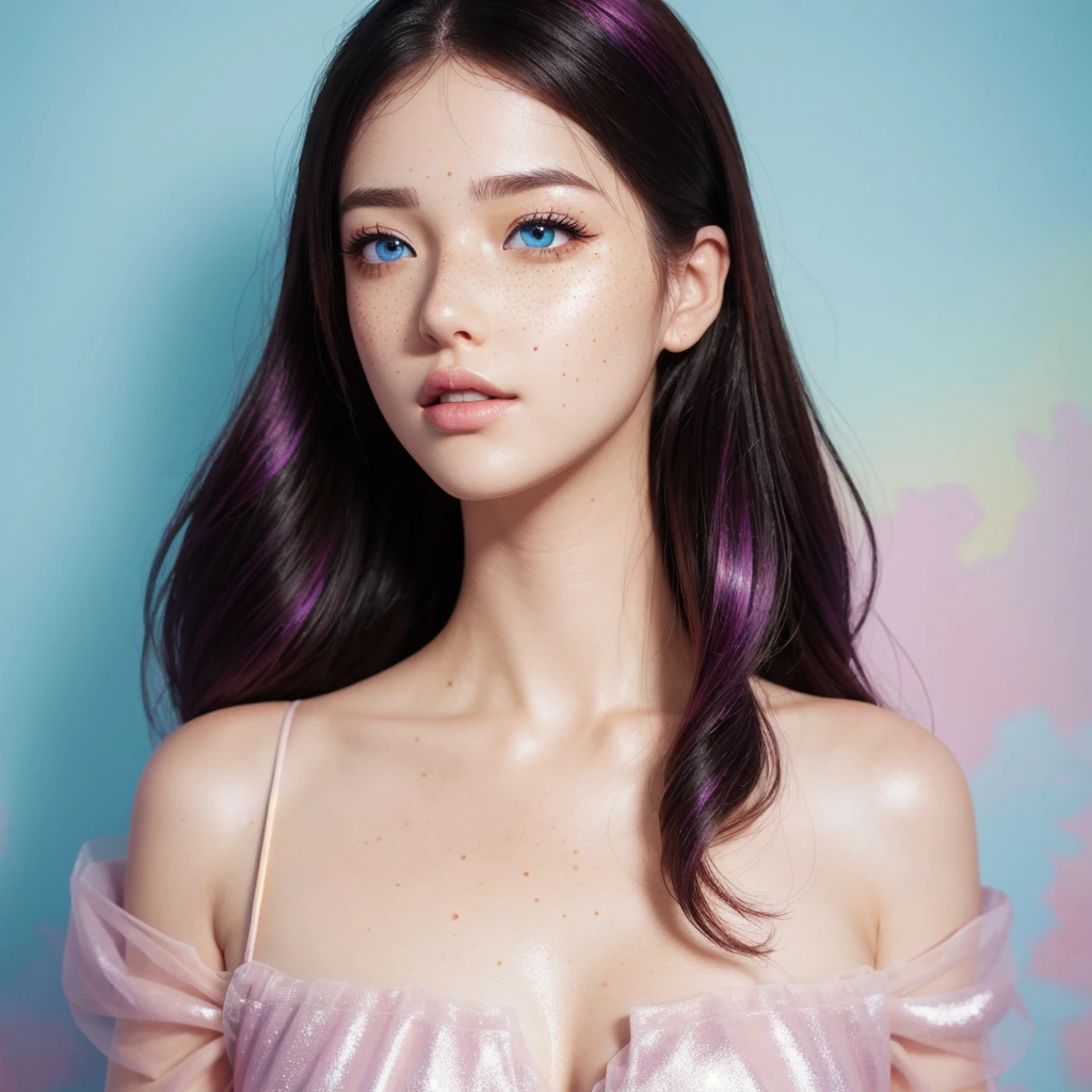 ((ultra detailed)),((Bright eyes)), (Detailed eyes) , 8k, blink blink, (The Little Faux Freckles Makeupgirl), ((realistic skin)), ((focus detailed 2 straps on the shoulders of dress)) , ((shiny facial skin)), with colorful hair and a colorful dress, rossdraws pastel vibrant, rossdraws cartoon vibrant, style anime 8k, beautiful portrait, artgerm colorful!!!, ! dream artgerm, beautiful anime girl, styled digital art, art wallpaper 8k, digital art, extremely detailed artgerm,