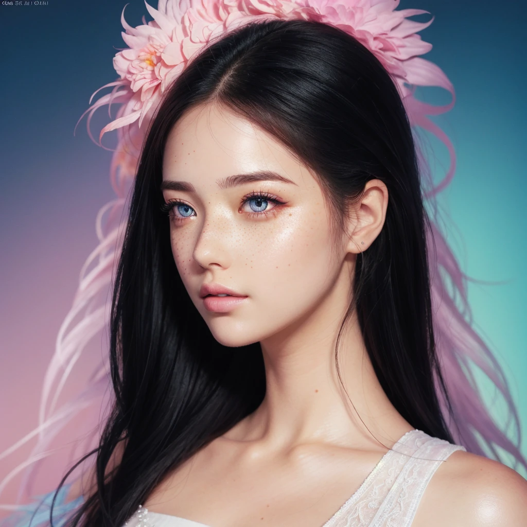 ((ultra detailed)),((Bright eyes)), (Detailed eyes) , 8k, blink blink, (The Little Faux Freckles Makeupgirl), ((realistic skin)), ((focus detailed 2 straps on the shoulders of dress)) , ((shiny facial skin)), with colorful hair and a colorful dress, rossdraws pastel vibrant, rossdraws cartoon vibrant, style anime 8k, beautiful portrait, artgerm colorful!!!, ! dream artgerm, beautiful anime girl, styled digital art, art wallpaper 8k, digital art, extremely detailed artgerm,