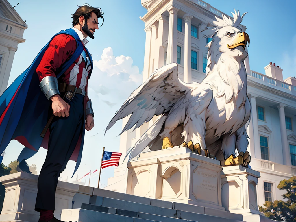 Abraham Lincoln dressed as if he were Captain America, with the White House in the background on a sunny day with eagles flying and a beautiful United States flag in the background, superhero hq style