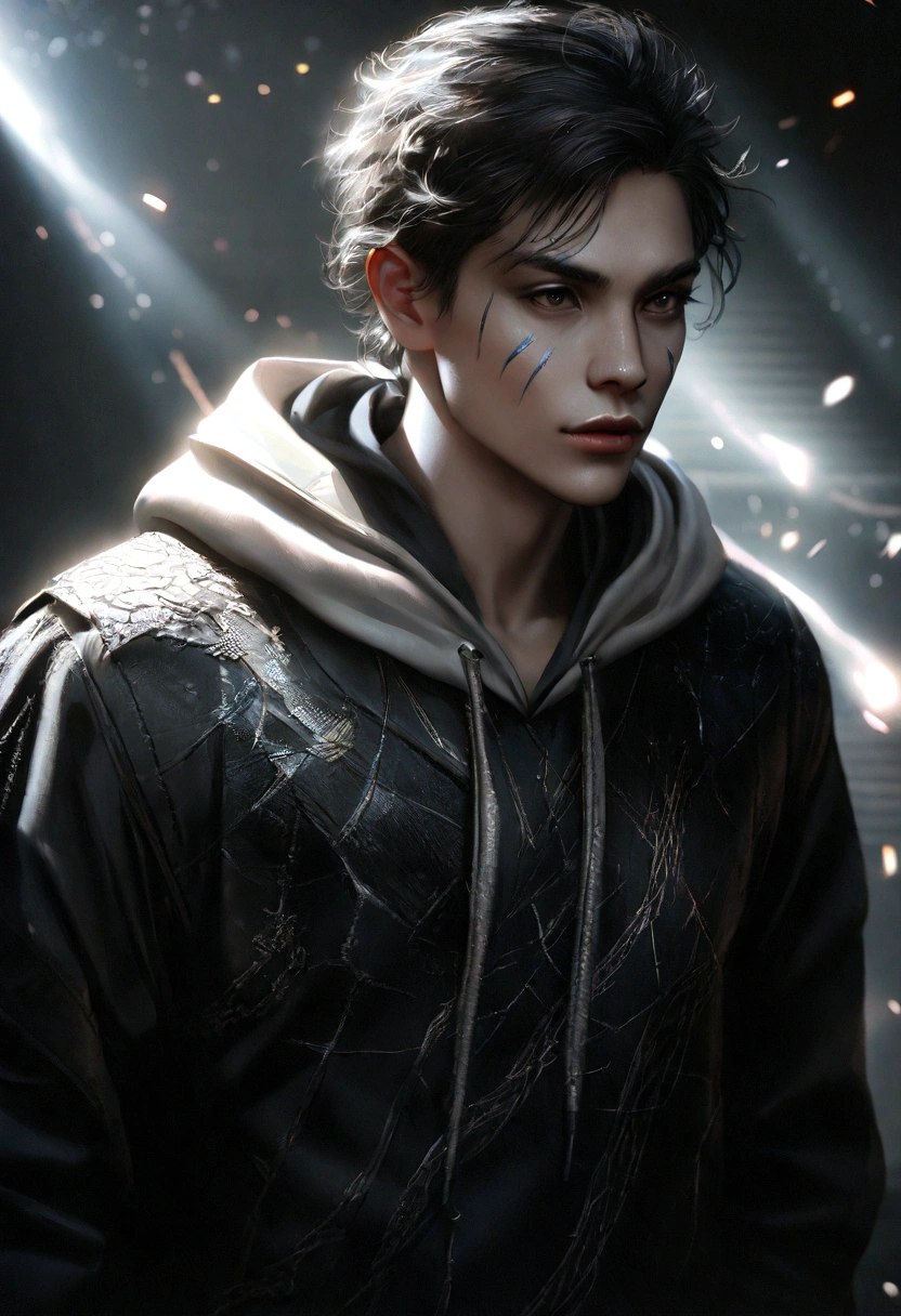 A young man with long black hair wearing a black and white hoodie, electricity arcing across his body, detailed facial features, 1boy, intricate details, highly detailed, cinematic lighting, dramatic, photorealistic, 8k, hyper realistic, award winning photography, chiaroscuro, moody, dark, atmospheric, dramatic lighting