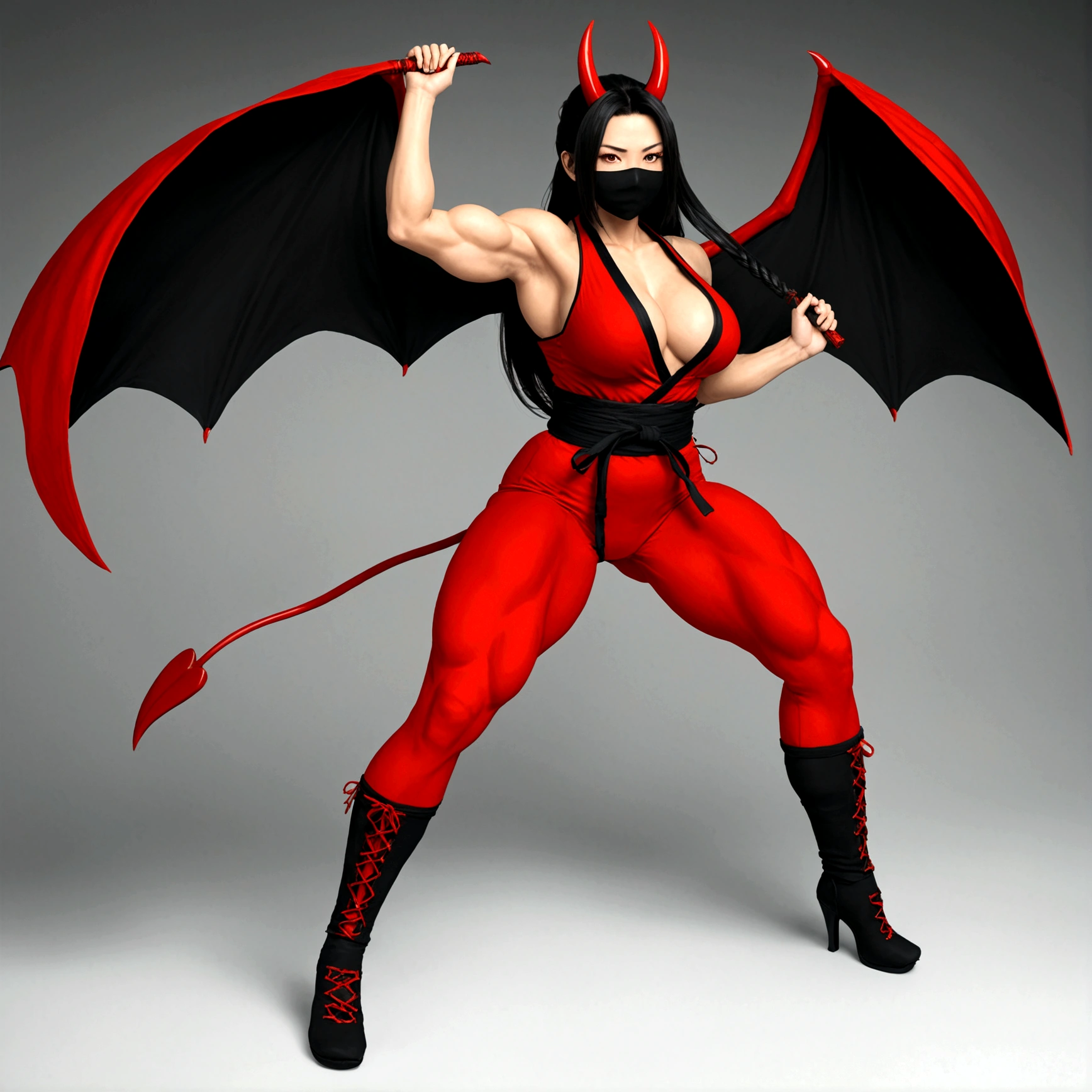 Oni girl, gigantic muscular body, big demon wings, large demon tail, ninja outfit, ninja mask, long hair, full body.