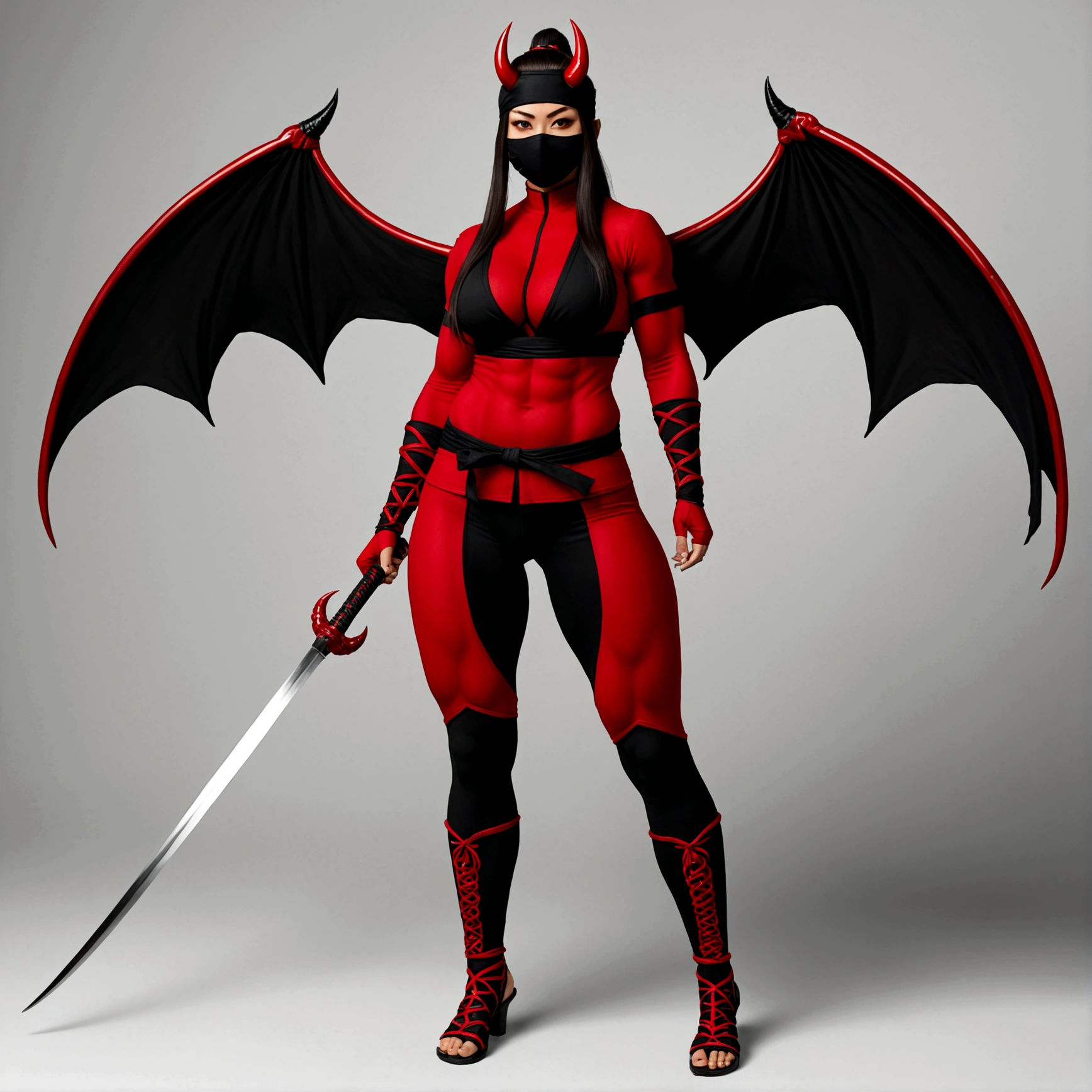 Oni girl, gigantic muscular body, big demon wings, large demon tail, ninja outfit, ninja mask, long hair, full body.