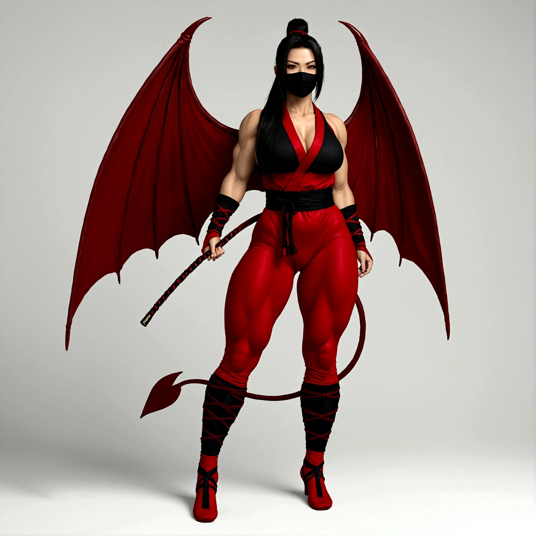 Oni girl, gigantic muscular body, big demon wings, large demon tail, ninja outfit, ninja mask, long hair, full body.