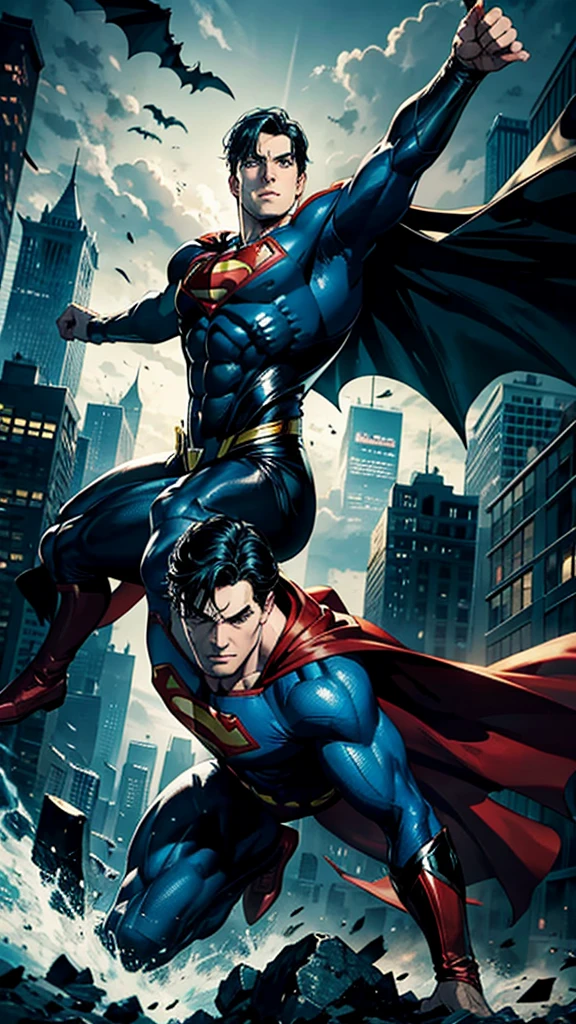 Superman in action fighting against batman, background Gotham City dark and cloudly