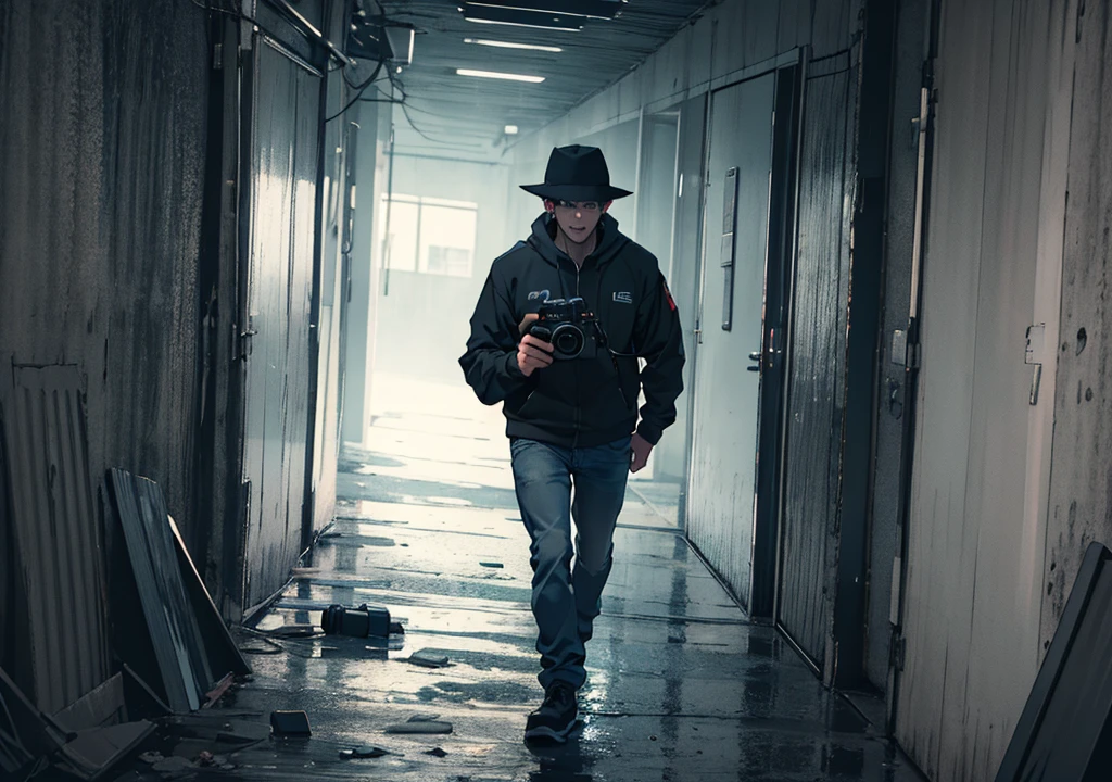 man holding a camera inside a horror movie