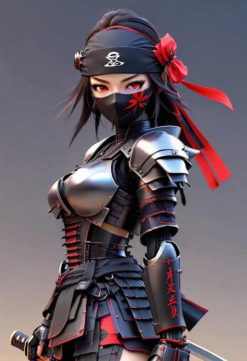 A robot girl in a ninja outfit with a samurai hat with two swords and a red eye