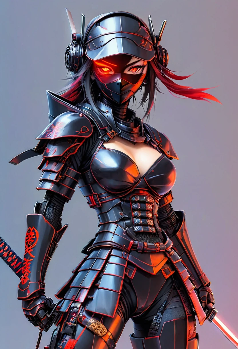 A robot girl in a ninja outfit with a samurai hat with two swords and a red eye