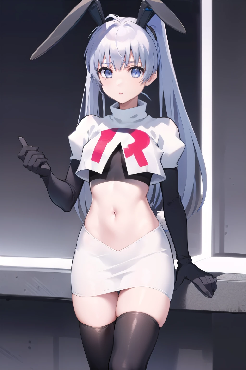 solo, Yashiro Kasumi, twintails, blue eyes, white hair, fake rabbit ears, team rocket,team rocket uniform,white skirt,red letter R,crop top,black thigh-highs,black elbow gloves