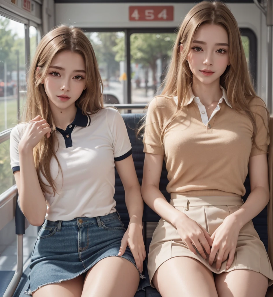 Best quality, masterpiece, detailed, 16k, beautiful and detailed face, beautiful and detailed eyes, 8k, single woman, perfect body, perfect proportions, perfect face, 3/4 body shot, (long straight light blonde hair), ( on bus ddetailed: 1.2), (wears polo shirt and miniskirt), (perfect legs, ,