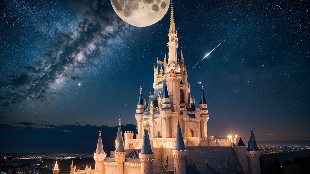 Highest quality,Fantastic landscape、Cinderella Castle、night、Starry Sky、moon