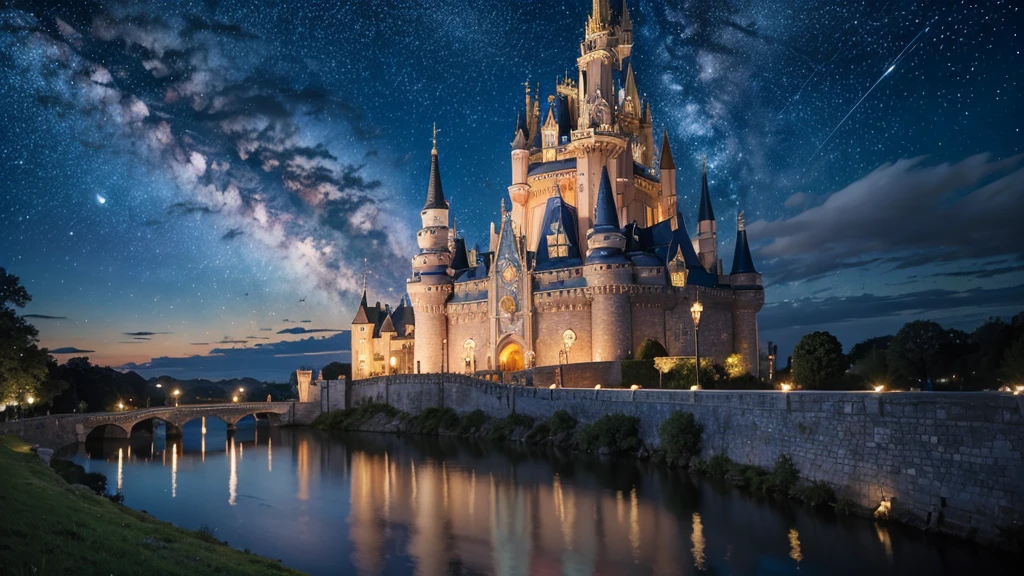 Highest quality,Fantastic landscape、Cinderella Castle、night、Starry Sky、moon