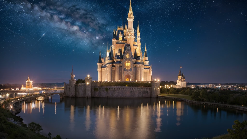Highest quality,Fantastic landscape、Cinderella Castle、night、Starry Sky、moon
