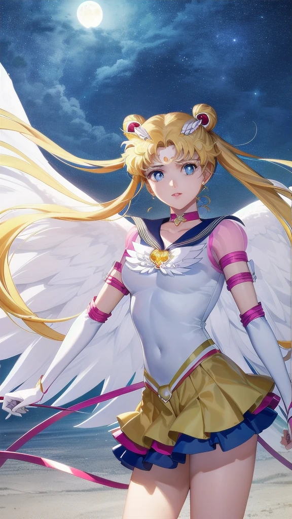 Realistic, (Surreal:1.2), (Highly detailed CG Unity 8k wallpaper), (Super detailed), masterpiece, Highest quality, One girl, Eternal Sailor Moon, moonlight, Night Sky, wing, Cowboy Shot