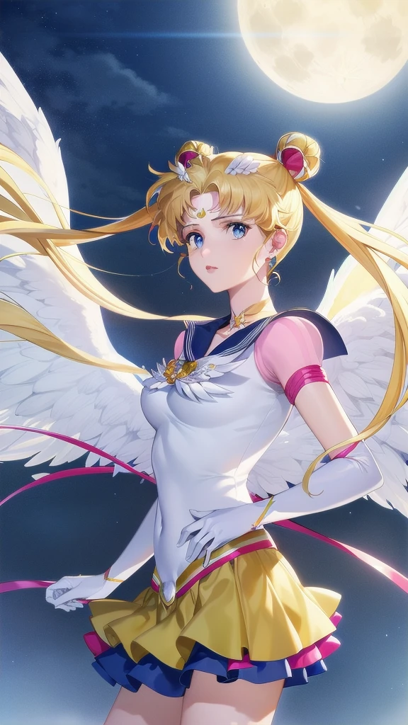 Realistic, (Surreal:1.2), (Highly detailed CG Unity 8k wallpaper), (Super detailed), masterpiece, Highest quality, One girl, Eternal Sailor Moon, moonlight, Night Sky, wing, Cowboy Shot