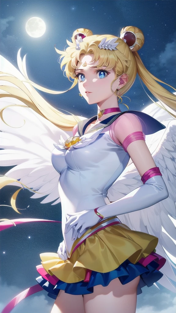 Realistic, (Surreal:1.2), (Highly detailed CG Unity 8k wallpaper), (Super detailed), masterpiece, Highest quality, One girl, Eternal Sailor Moon, moonlight, Night Sky, wing, Cowboy Shot