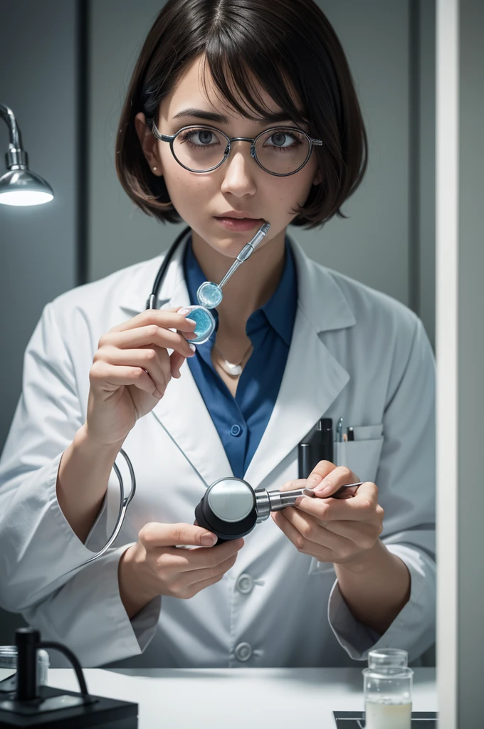 An ultra realistic image of a doctor in the laboratory analyzing bacteria with a magnifying glass