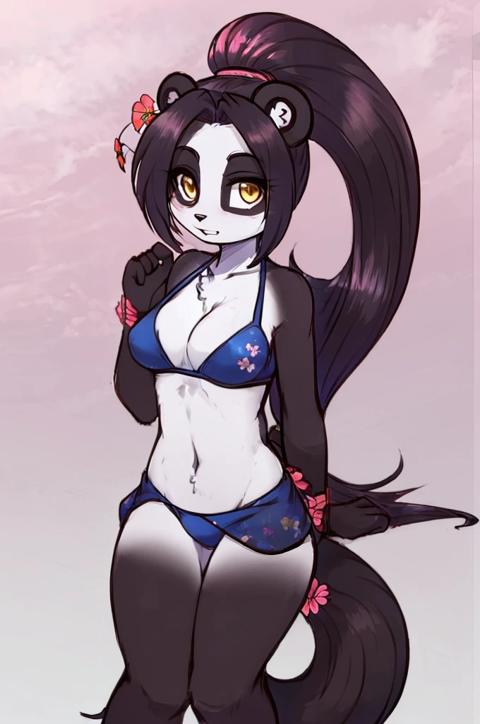 furry girl, young, panda, black hair, open bangs, long ponytail, anime style, small breasts, yellow eyes, ((blue bikini, flower hairpin, blue sarong)), high quality, detailed body, detailed eyes, detailed face, masterpiece, glistening body, detailed body fur, best quality, two tone body fur, black body fur, white body fur, :3, black panda eyeshadows, panda ears, skinny, full body, feets with three toes, 3 toes,