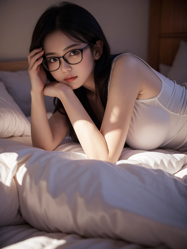 a one woman, lying on her bed. at night, in dark. 4K. wearing glasses.