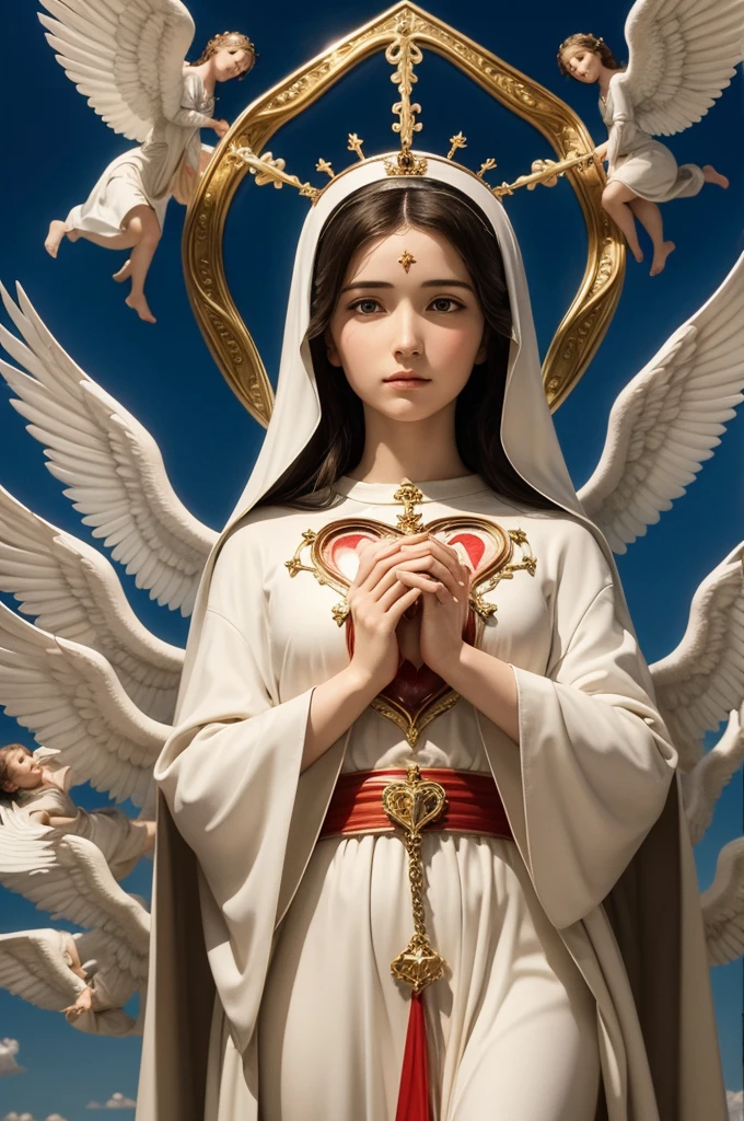 Our Lady of the Sacred Heart, with several angels around, on a cloud in the sky 