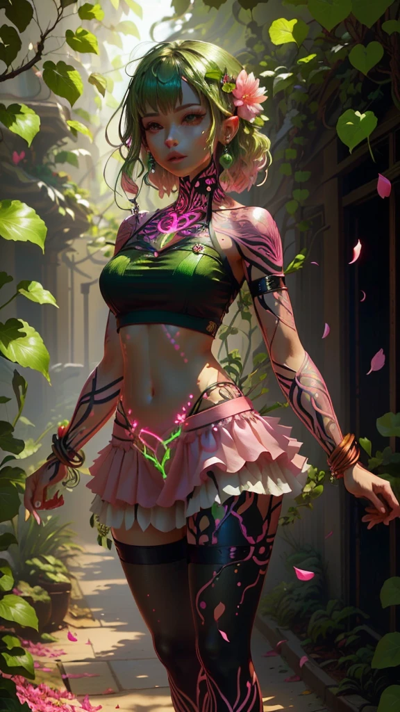 A woman with a pink petal crop top and short skirt, And pink petal bracelets on her wrists and ankles, She has green vines merged with her skin (Green Energy Veins), Alraune, Fantasy Plant species.
