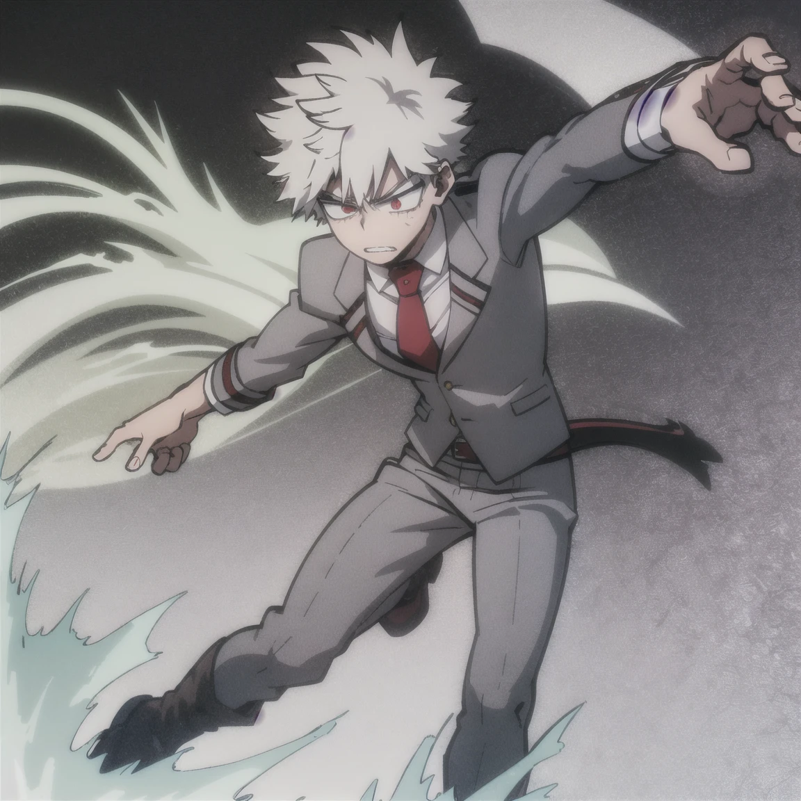 1 boy, muscular body, short spiky hair, white hair, red eyes, frown, gray jacket, red tie, white shirt, teal pants, boots 
