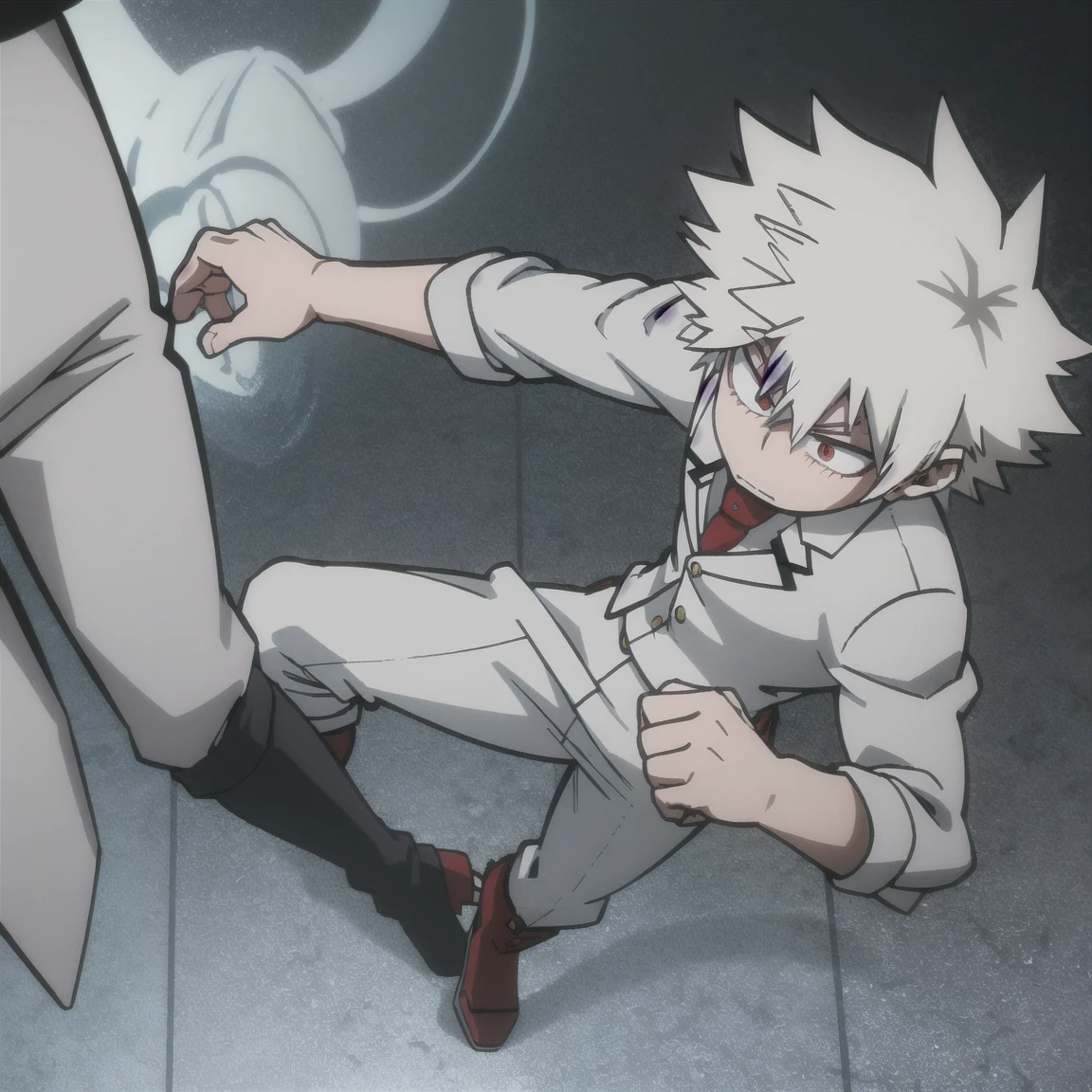 1 boy, muscular body, short spiky hair, white hair, red eyes, frown, gray jacket, red tie, white shirt, teal pants, boots 