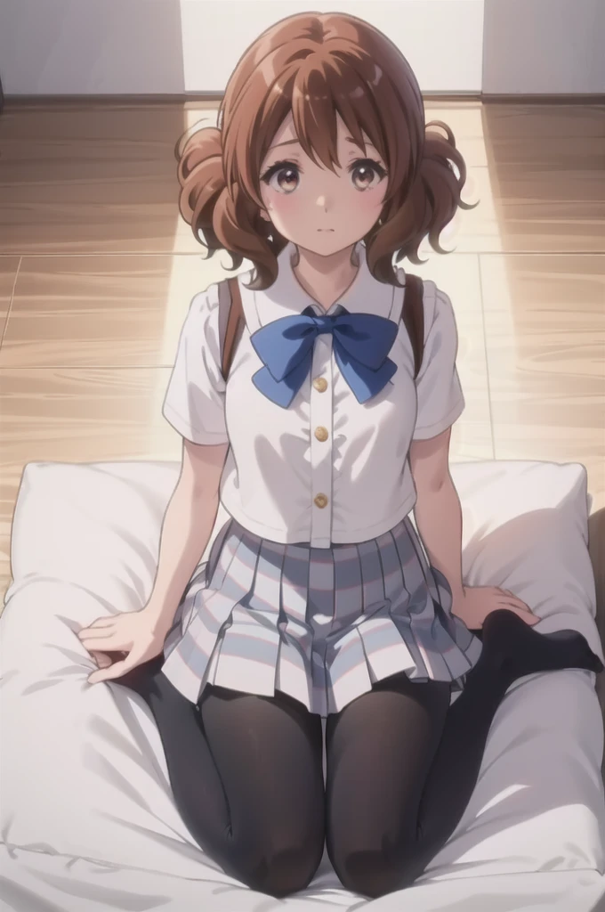 (8K、Best image quality、Highest quality、masterpiece)、One tall girl、((whole body))、Sit on the floor with both knees upright、White panties are visible、Kumiko Oumae、blush、Medium Bust、White collared shirt、Short sleeve、((Checkered pleated mini skirt))、Composition looking up from slightly below、((black tights))、Black Pantyhose、((No shoes))、View your viewers、