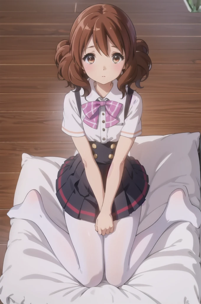 (8K、Best image quality、Highest quality、masterpiece)、One tall girl、((whole body))、Sit on the floor with both knees upright、White panties are visible、Kumiko Oumae、blush、Medium Bust、White collared shirt、Short sleeve、((Checkered pleated mini skirt))、Composition looking up from slightly below、((black tights))、Black Pantyhose、((No shoes))、View your viewers、