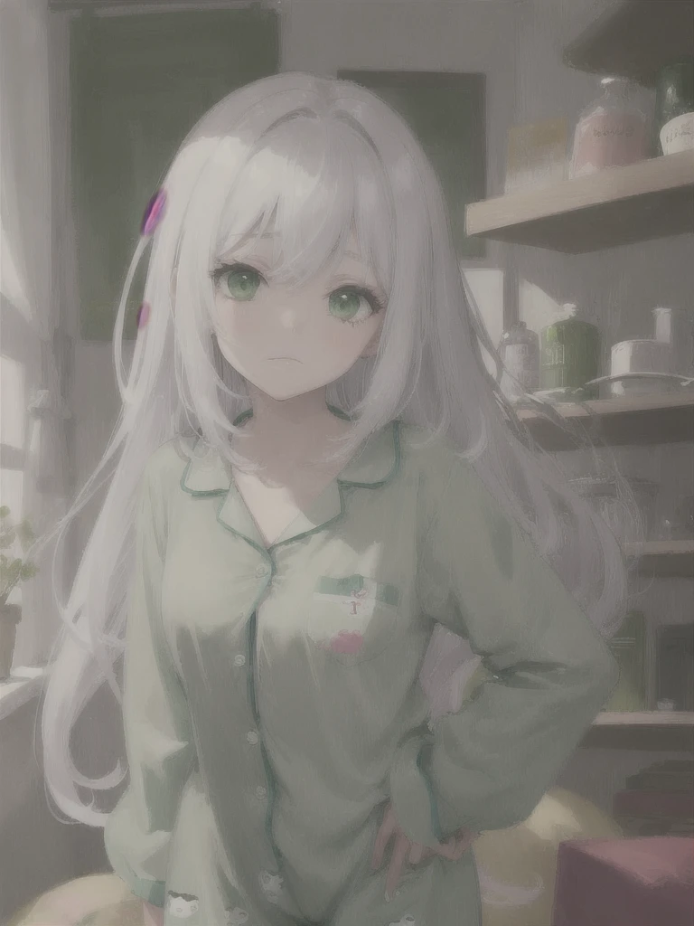 1girl, white long hair, green eyes, green pijamas, sad,