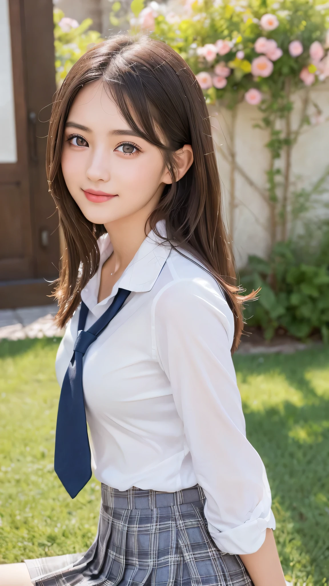 (1girl), (round eyes:1.2), (highly detailed face and eyes), refreshing smile,  Amazing face and eyes, (school uniform, skirt:1.3), cleavage, (Best Quality:1.4), (Ultra-detailed), (extremely detailed CG unified 8k wallpaper), Highly detailed, High-definition raw color photos, Professional Photography, Realistic portrait, indoors, (casual room, cute wallpapers:1.3), (A moment of relaxation), model, studio photo shoots, flower decorations, depth of fields, (fine face:1.2), summer,