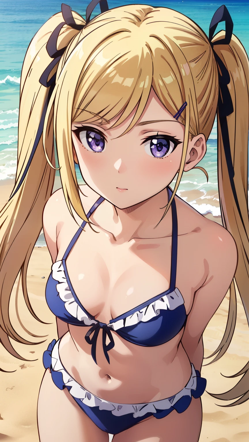 (masterpiece, best quality, high resolution, 8k:1.2), (anime),highly detailed face, perfect lighting, highly detailed CG, Mafuyuori Fushi, Mafuyuori Fushi, Blonde, long hair, hair accessory, ribbon, twin tails, purple eyes, hair ribbon, (bikini, frills, beach), alone,stylish pose, stylish angle, looking at the viewer, center of image, cowboy shot,