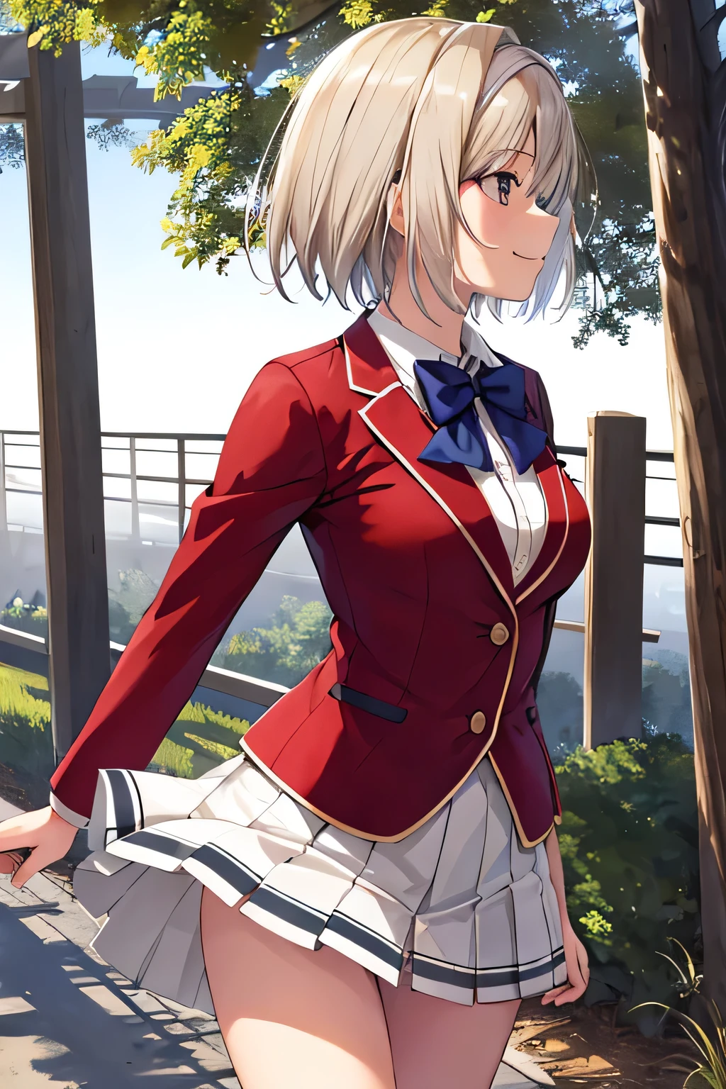 masterpiece, Highest quality, High resolution, Akiyo, short hair, Hair Intake, White hair band, Blue bow tie, Collared shirt, blazer, Red jacket, Long sleeve, White Skirt, Pleated skirt, Black socks, Cowboy Shot, Are standing, Outdoor, profile, Arms at your sides, smile, Open your mouth,Walking
