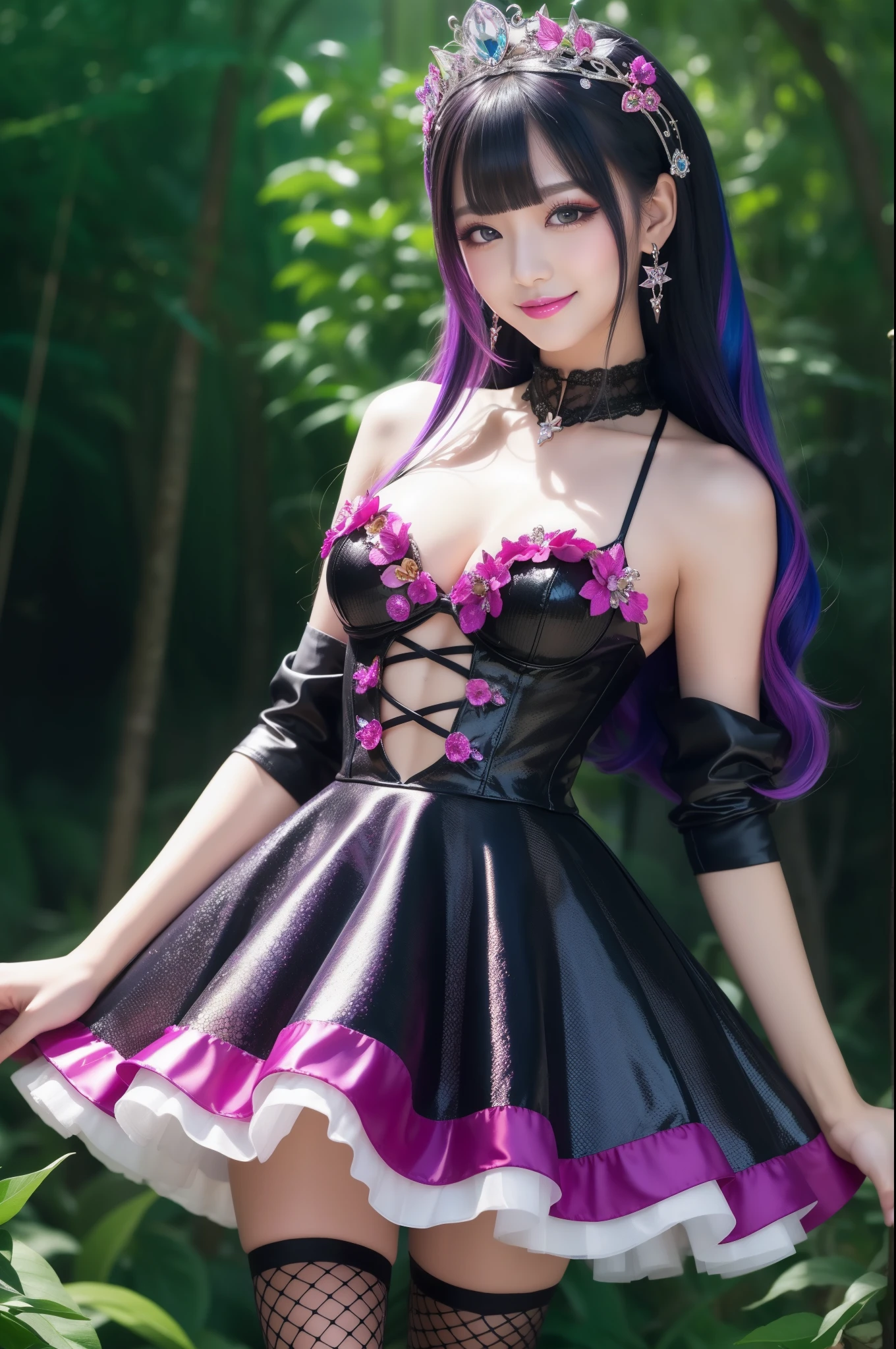 sexy stylish princess who controls poison、beautiful smile、lipgloss、long lashes、intense makeup、look at the camera、full body Esbian、、sparkling poisoned flower costume、、、、shiny sparkling multicolor hair、secrete poison、skull hair accessories、fishnet tights、shiny sparkling dark magic forest background