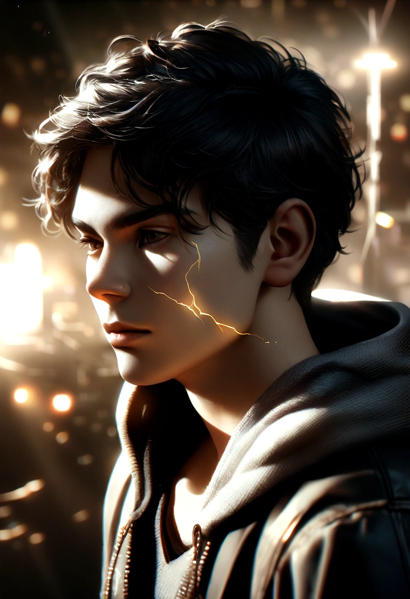 A young man with long black hair wearing a black and white hoodie, electricity arcing across his body, detailed facial features, 1boy, intricate details, highly detailed, cinematic lighting, dramatic, photorealistic, 8k, award winning photography, chiaroscuro, moody, dark, atmospheric, dramatic lighting