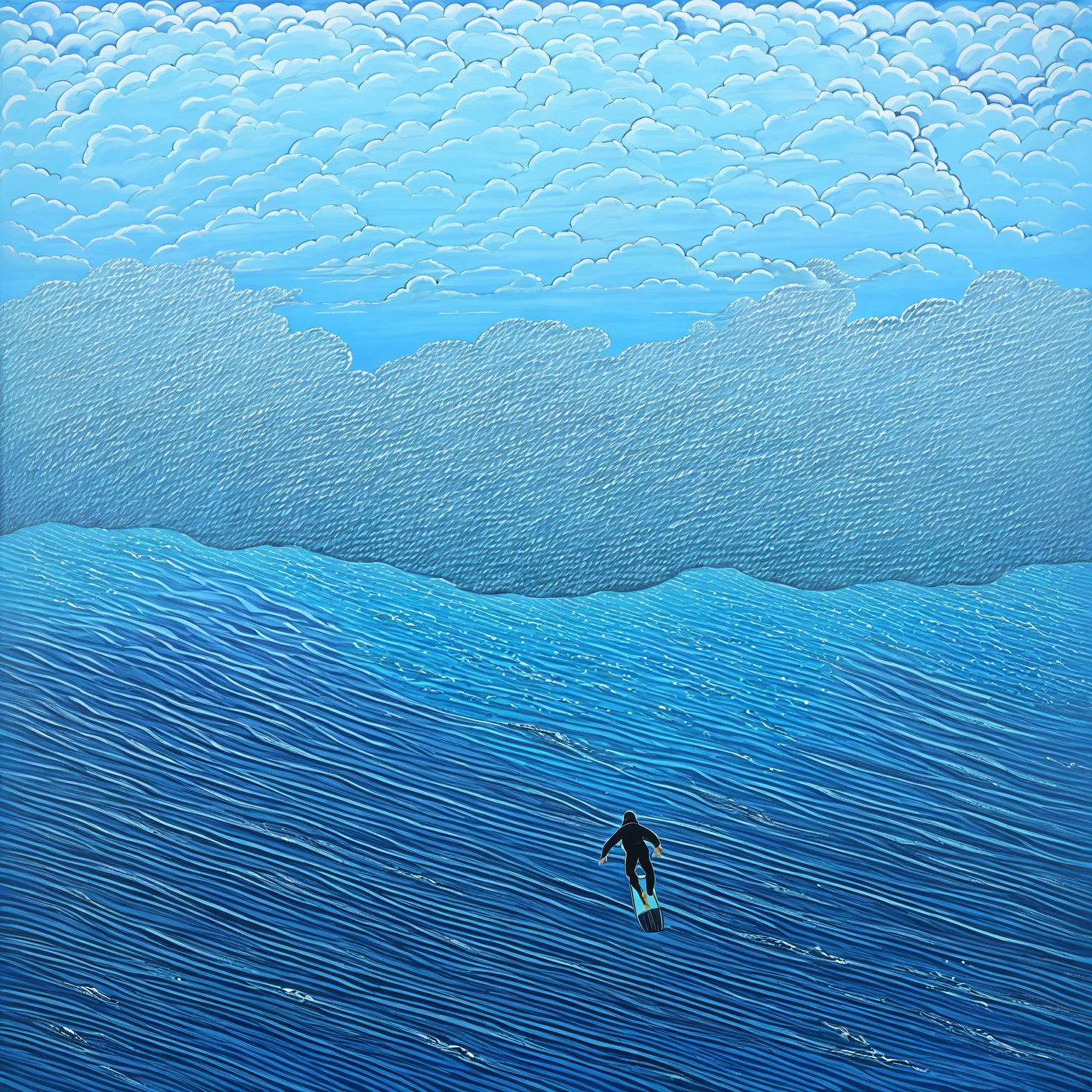 hand painted painting divided in half blue sky full of beautiful clouds, horizon hills, fighters, tourist coastal towns, and in the water divers exploring the underwater depths