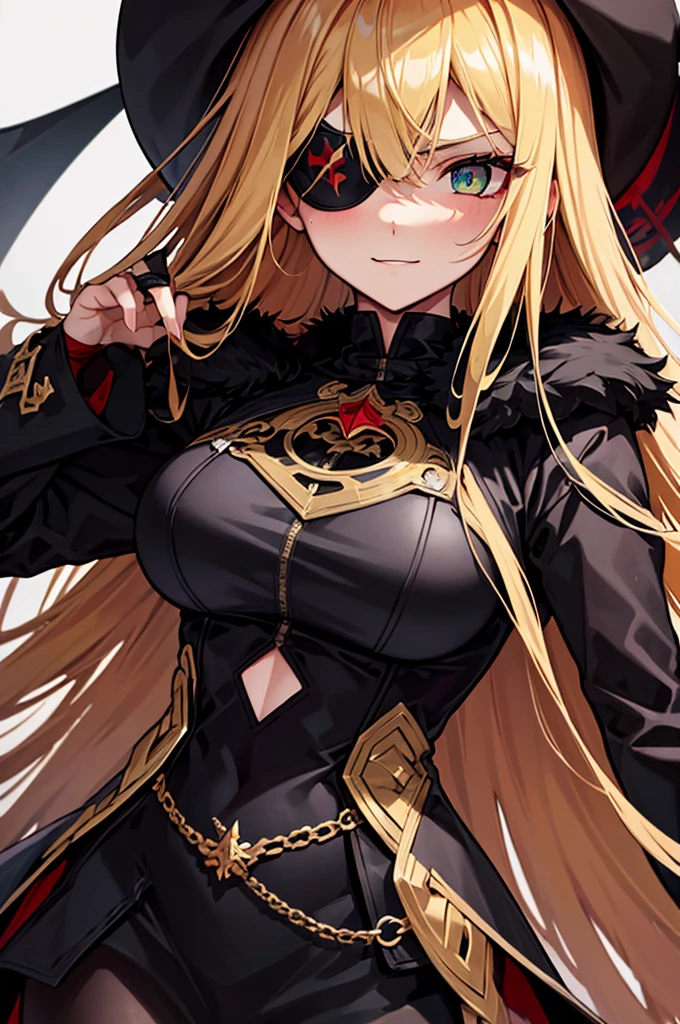 ((masterpiece)), ((best quality)), 1girl, adult, long hair, ((blonde hair)), very long blonde hair, ((intimidant look)), ((close-up)), profile image, green eyes, black and red clothes, sexy, dark colors, brillant eyes, ((coat with fur)), ((wavy hair)), exposed skin, ((sexy pose)), ((intimidant look)), good anatomy, ((dark sage clothes)), ((straight cut bangs)), emotionless, intimidant, ((beautiful eyes)), dark background, close up, ((detailed eyes)), beautiful eyes, ((detailed face)), hair bang, frontal look, evil, relaxed, smile, magical goddess othinus, detailed face, eyepatch, full body, ((detailed))