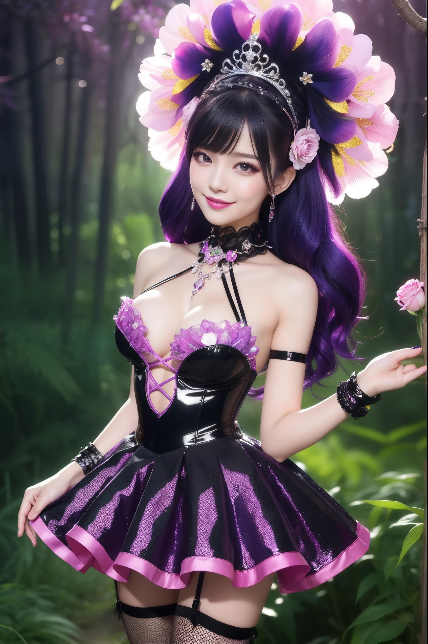 sexy stylish princess who controls poison、beautiful smile、lipgloss、long lashes、intense makeup、look at the camera、full body Esbian、、sparkling poisoned flower costume、、、、shiny sparkling multicolor hair、secrete poison、skull hair accessories、fishnet tights、shiny sparkling dark magic forest background