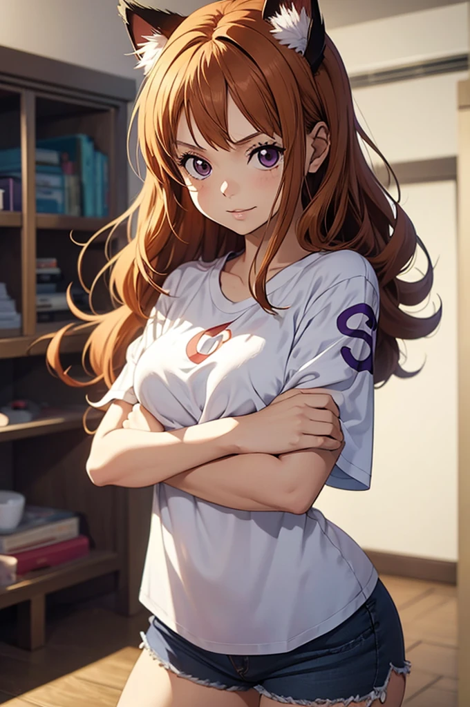 1 female, ONE PIECE STYLE, small kid dog girl, realistic lips oversized white t-shirt going all the way to the thighs, arms crossed propping up , hourglass figure, cat ears, in an apartment, sigh, light brown hair, purple eyes, laughing, best quality.