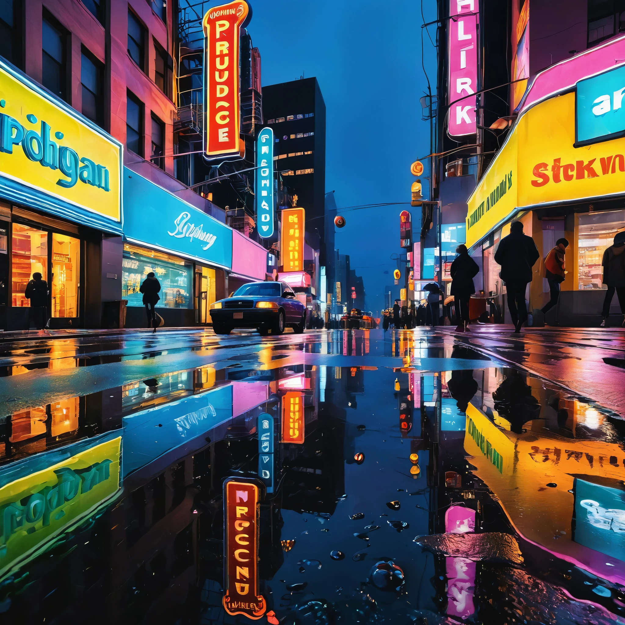 Produce an urban landscape at twilight. Showcase the colorful glow of city lights reflected on wet city streets after a light rain. Highlight the vibrant hues of neon signs, bustling street life, and the dramatic reflections in puddles for a dynamic and lively cityscape.