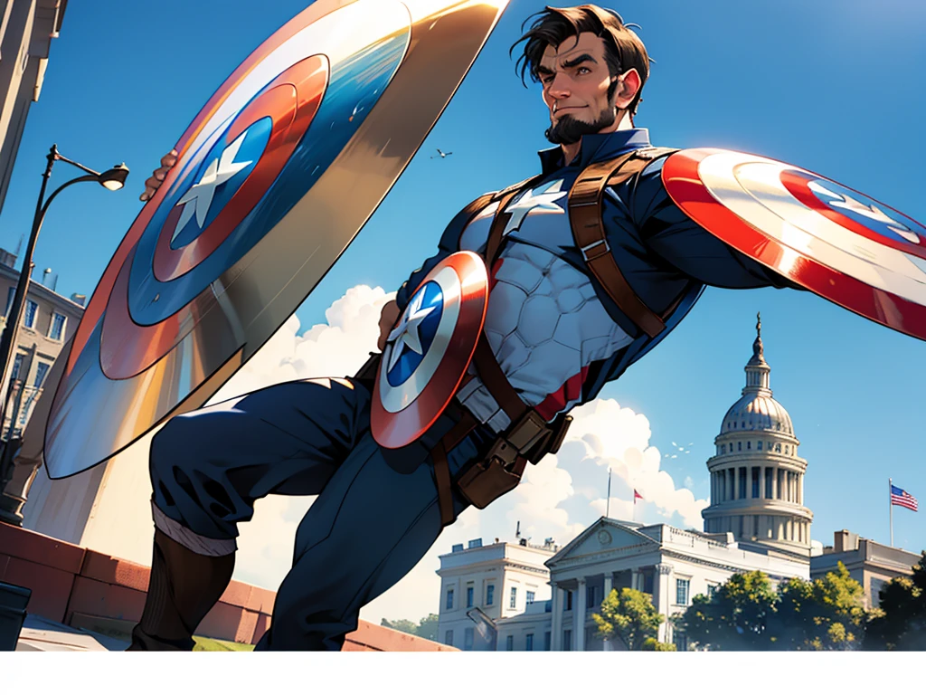 Abraham Lincoln dressed as Captain America, holding the shield with the white house in the background on a sunny day, United States flag in the background, superhero hq style