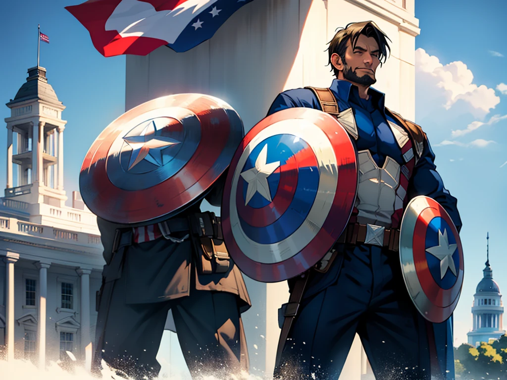 Abraham Lincoln dressed as Captain America, holding the shield with the white house in the background on a sunny day, United States flag in the background, superhero hq style