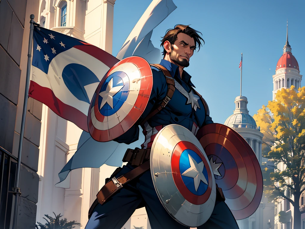 Abraham Lincoln dressed as Captain America, holding the shield with the white house in the background on a sunny day, United States flag in the background, superhero hq style